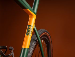 Colnago x Tod's T bike seat tube on an orange background