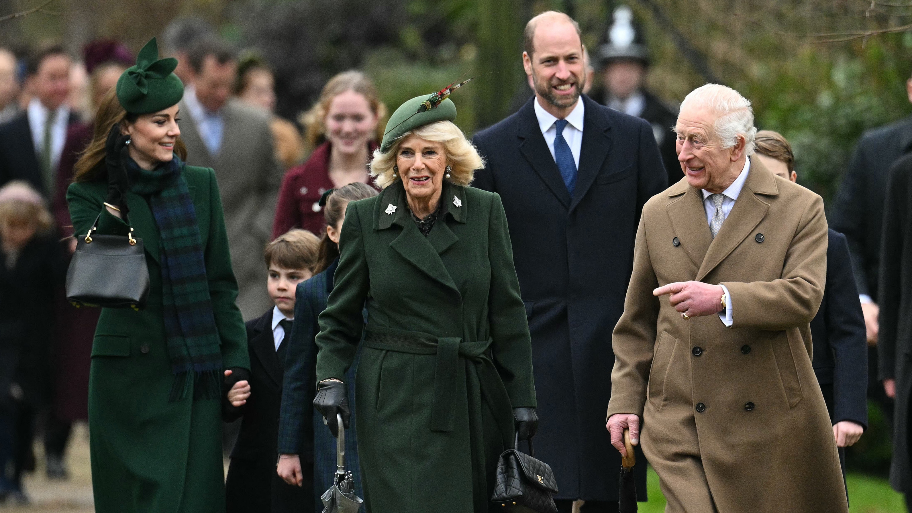 The Royal Family walk to attend the Royal Family's traditional Christmas Day service at St Mary Magdalene Church in Sandringham in 2024