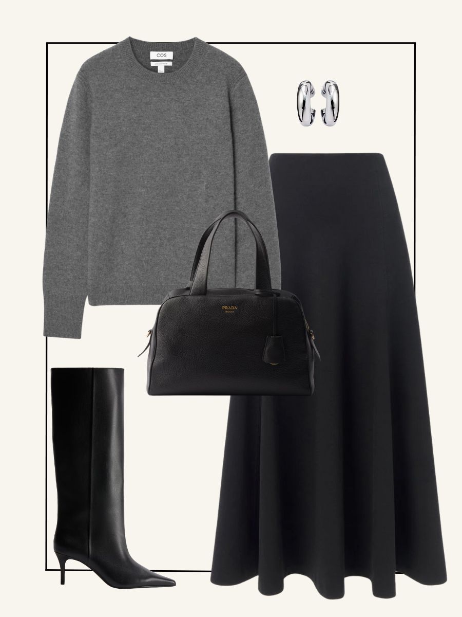 COS grey cashmere jumper, Whistles midi skirt, H&M knee-high boots. Prada bag, Jennifer Fisher silver earrings