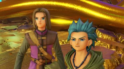 A Dragon Quest 11 launch trailer screenshot shows the protagonist and Erik stood side by side.