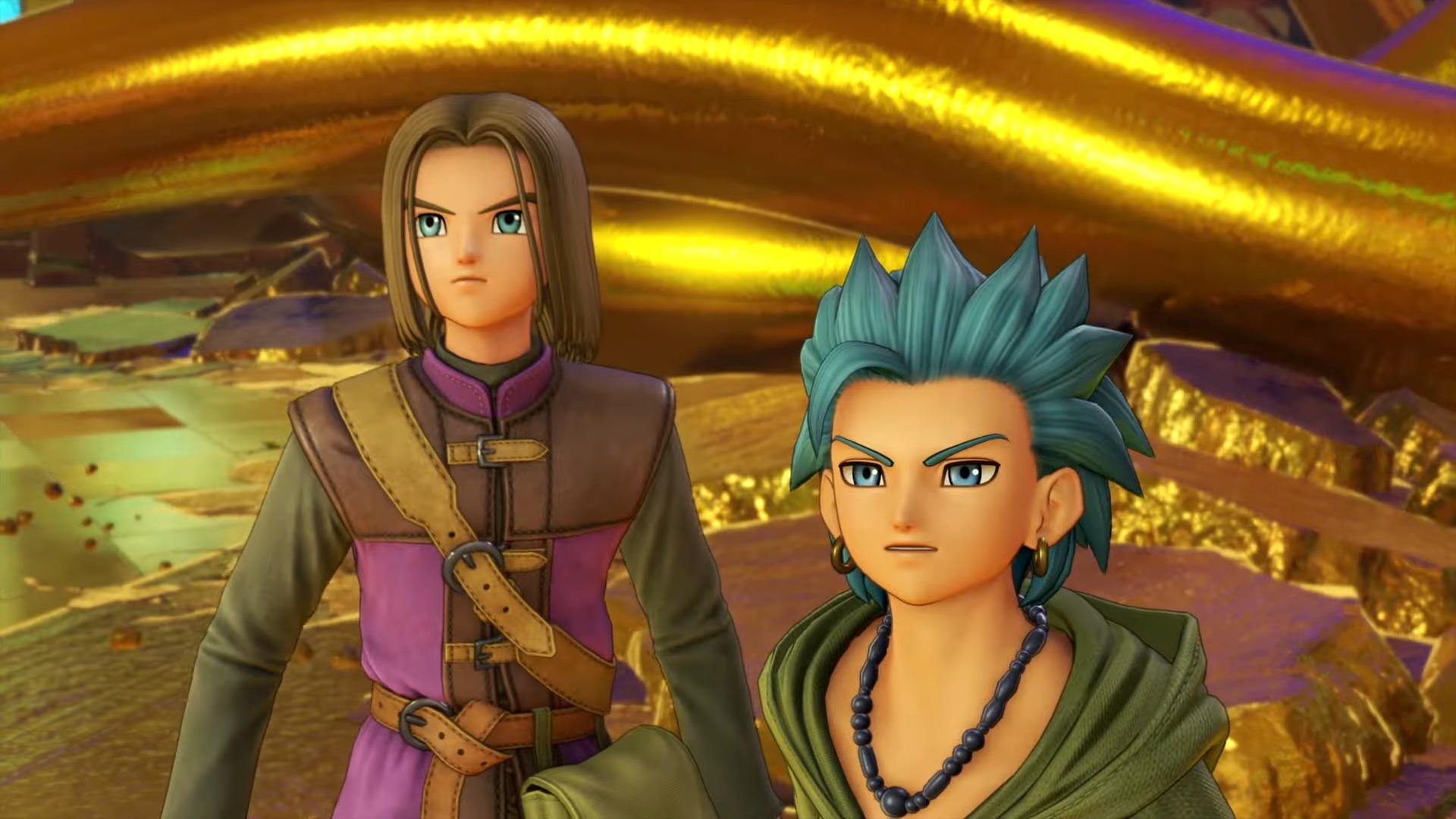 A Dragon Quest 11 launch trailer screenshot shows the protagonist and Erik stood side by side.