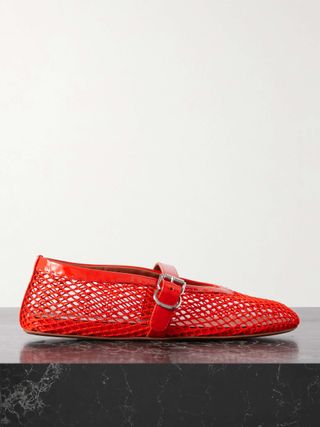 Patent Leather-Trimmed Mesh Ballet Flats