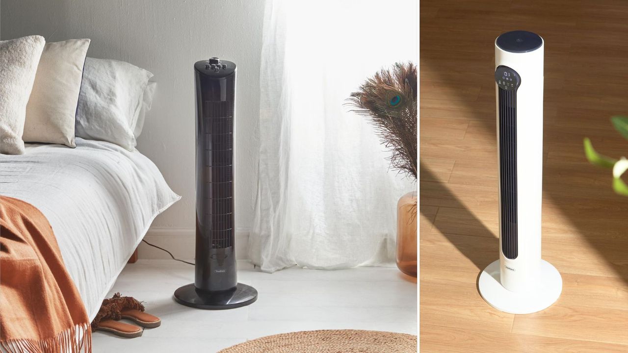 Two tower fans in homes, one is black and positioned in a bedroom, the other is white and positioned in a living room