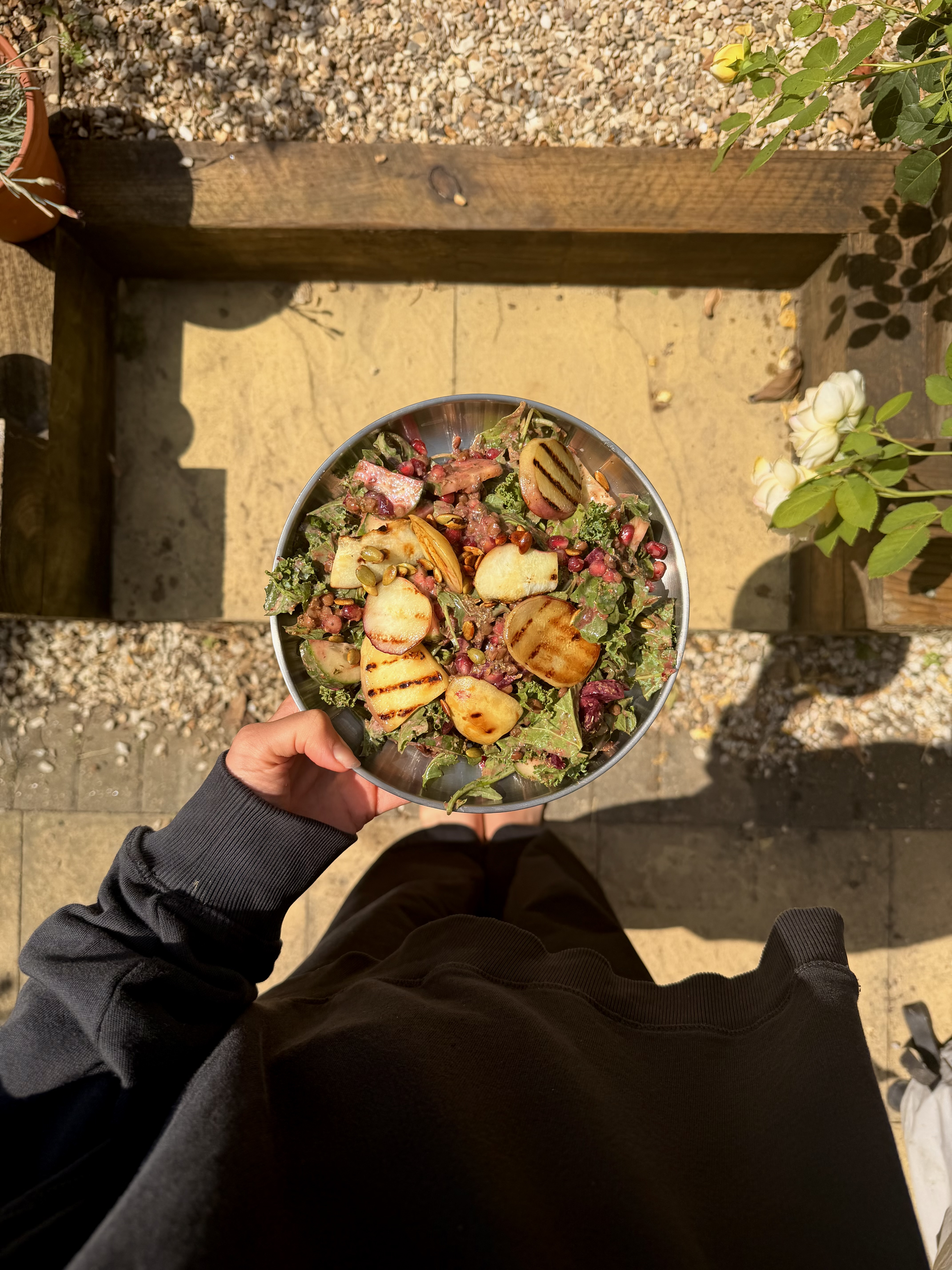 A salad bowl with roasted peaches, kale, pomegranate and mozzarella