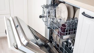 Open dishwasher with clean load