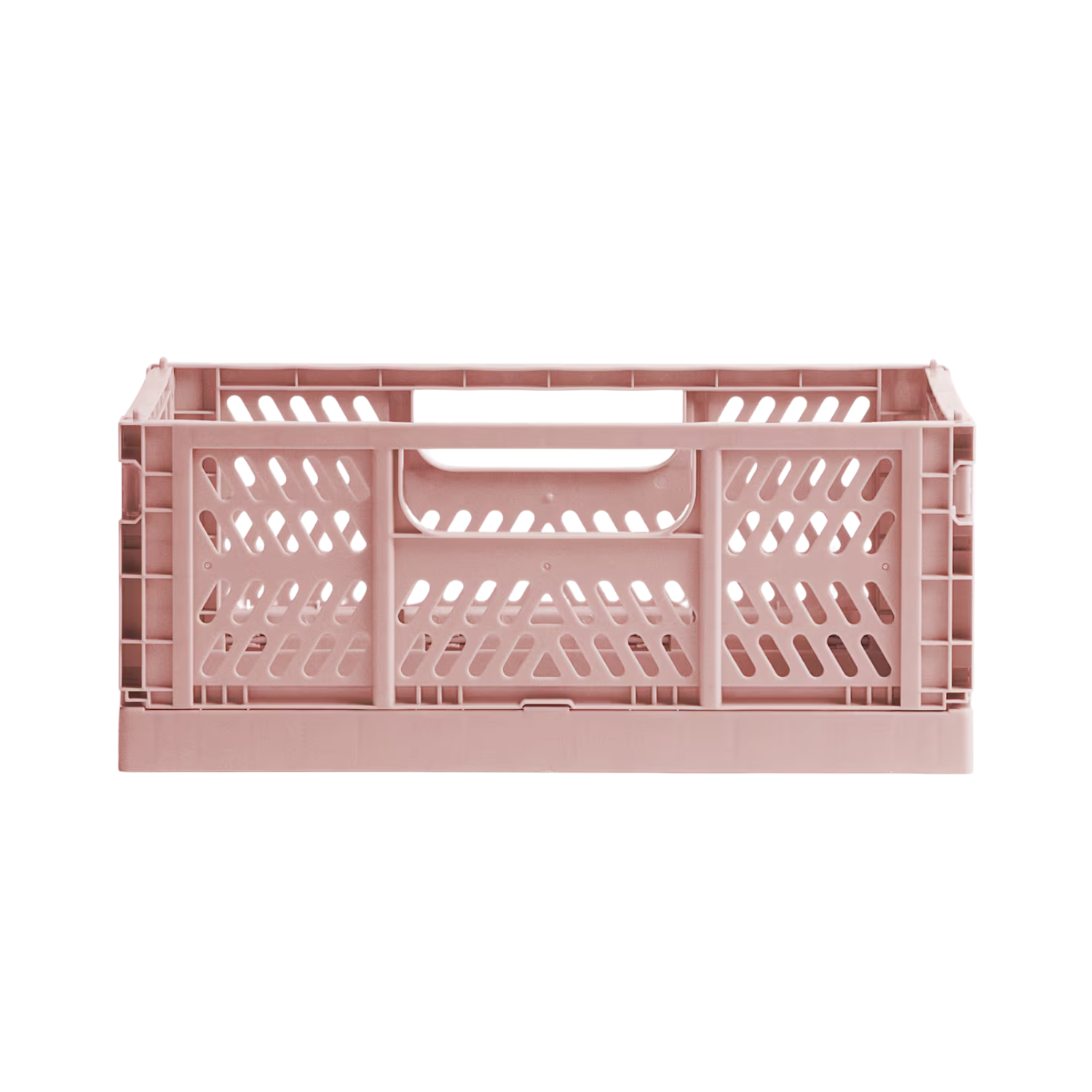 A dusty pink foldable storage crate