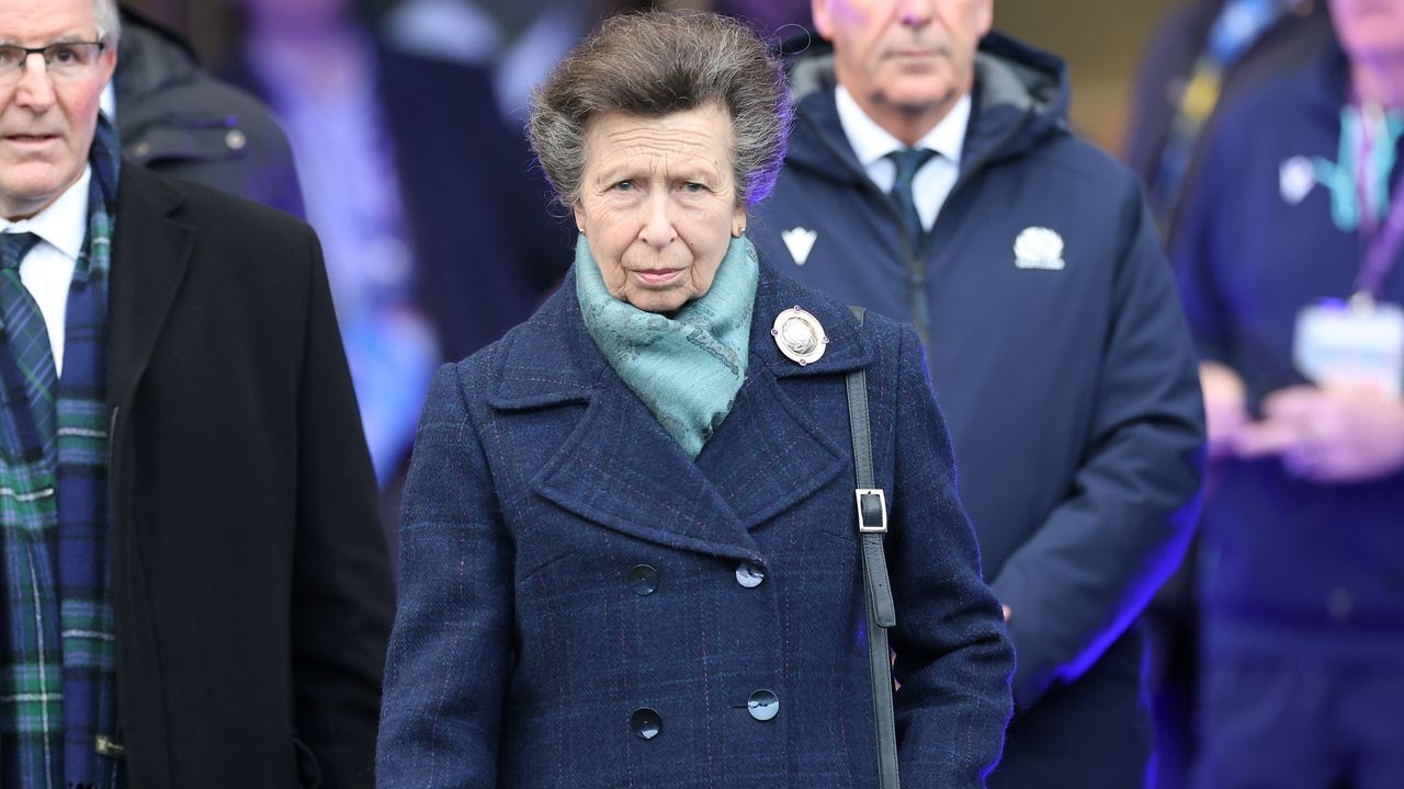 Princess Anne, wearing a scarf and blue coat, is seen during the Guinness Six Nations 2025 match between Scotland and Italy