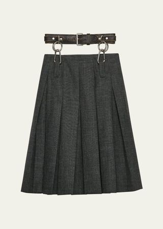 Suspended Leather Belt Pleated Wool Skirt