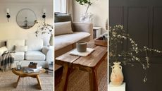 Collage of theree living room picsture with cream and brown colour palette to support the trend of decorating with brown