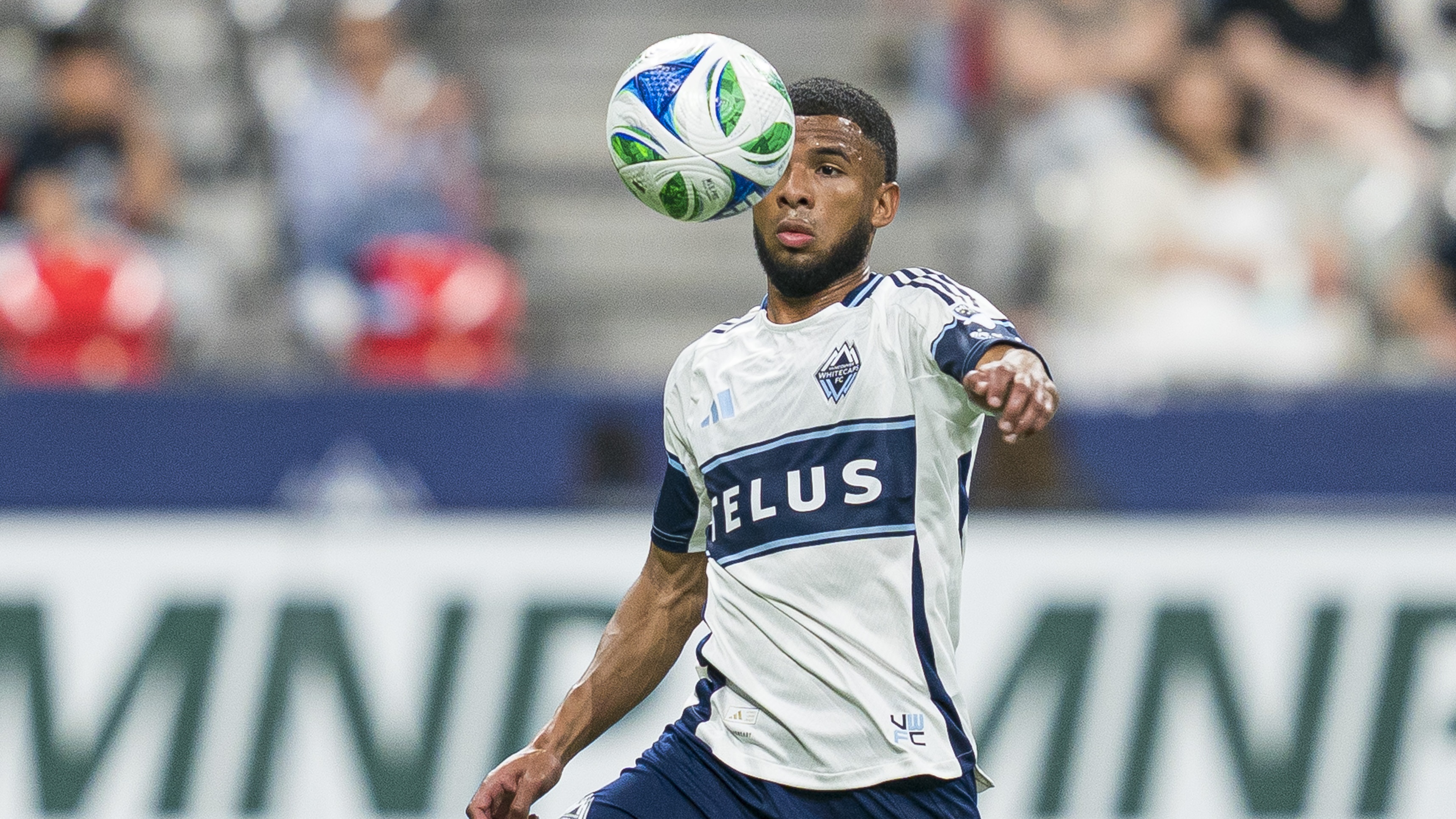 VANCOUVER, CANADA - MAY 28: Pedro Vite #45 of the Vancouver Whitecaps receives a pass during the MLS match between Vancouver Whitecaps FC and Minnesota United FC at BC Place Stadium on May 28, 2025 in Vancouver, British Columbia, Canada. (Photo by Rich Lam/Getty Images)
