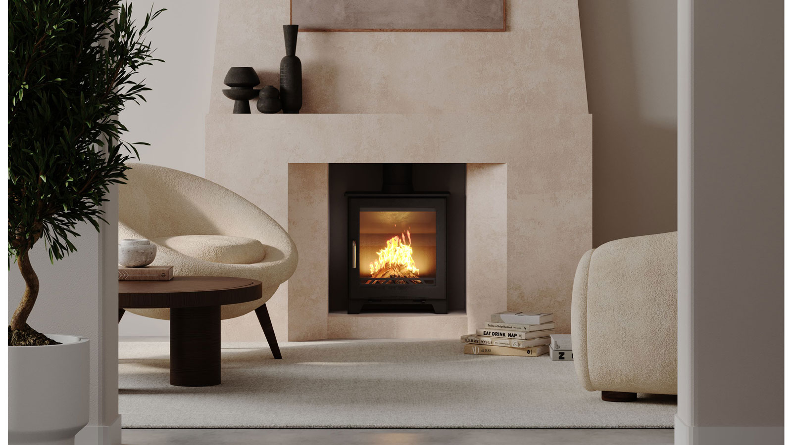 modern log burning stove in plastered full height chimneybreast