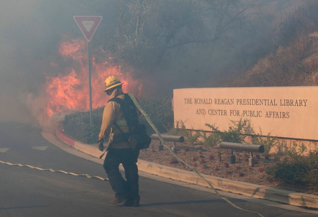 Flames near the Ronald Reagan Presidential Library sign.