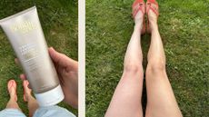 Someone holding a bottle of Bondi Sands Tinted Skin Perfector, and some legs with tan on one leg and not on the other