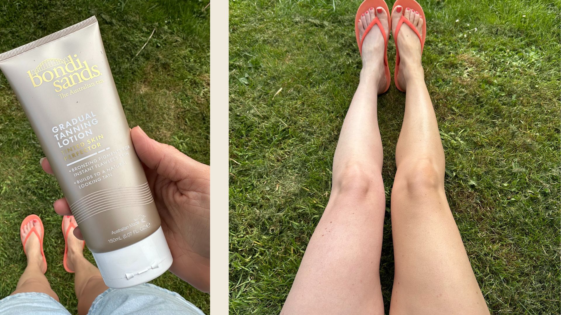 Someone holding a bottle of Bondi Sands Tinted Skin Perfector, and some legs with tan on one leg and not on the other