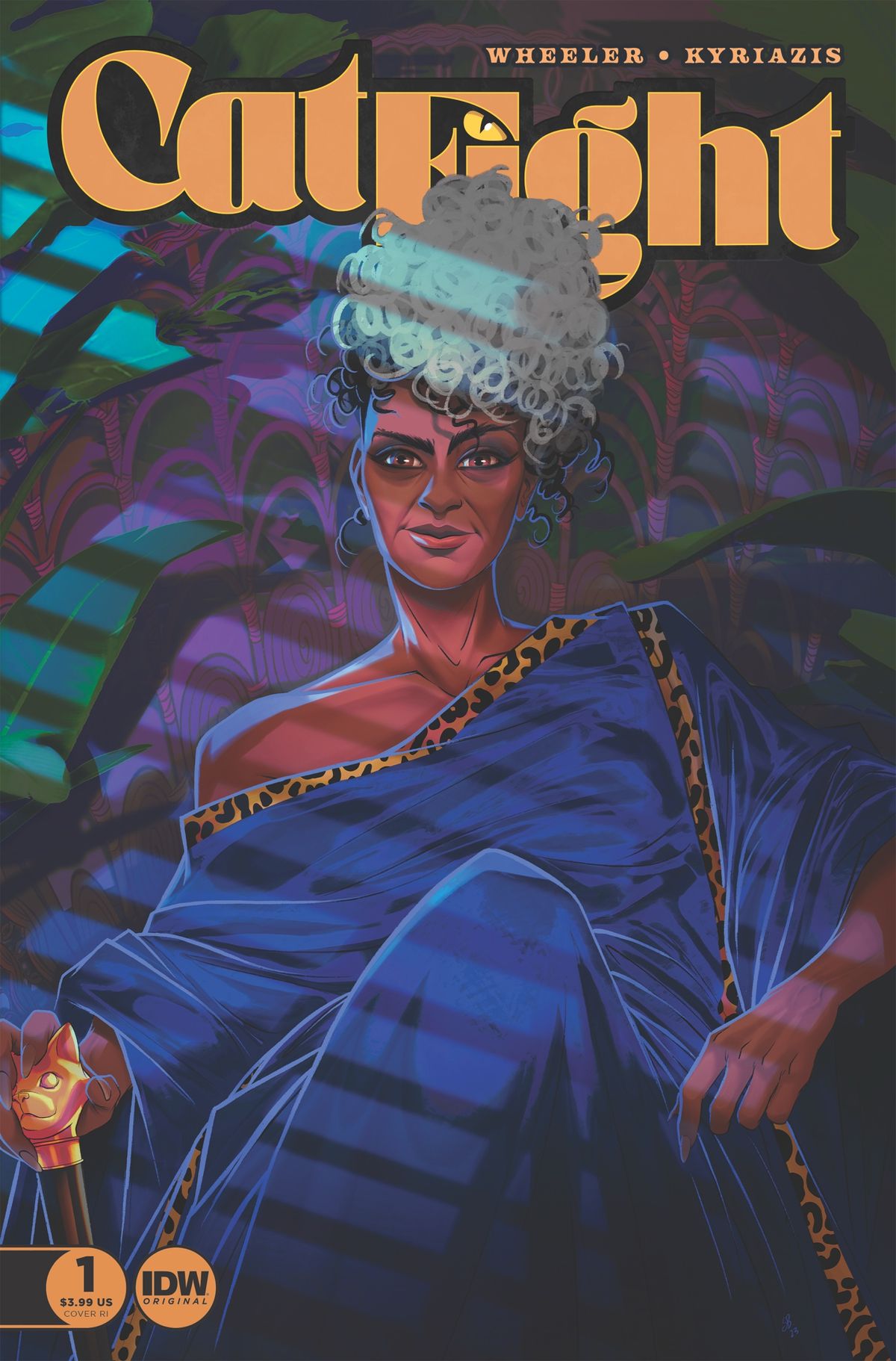 A woman in a blue robe smiles at the audience.