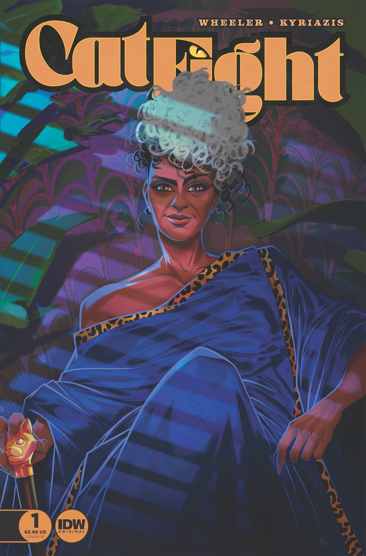 A woman in a blue robe smiles at the audience.