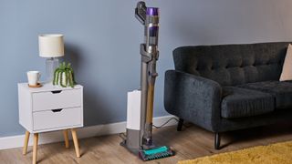 Shark PowerDetect cordless vacuum in its auto-empty base