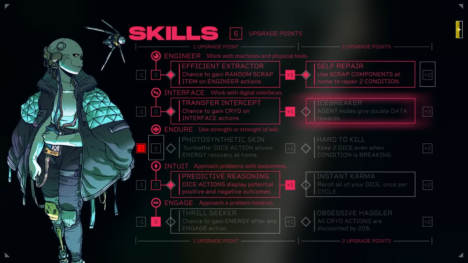 A screenshot of a character sheet during the sci-fi RPG, Citizen Sleeper