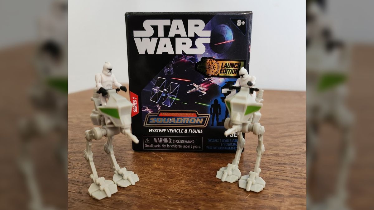 Star Wars Micro Galaxy Squadron range_two Scout Class AT-RTs with Clone Troopers in front of Mystery Box.
