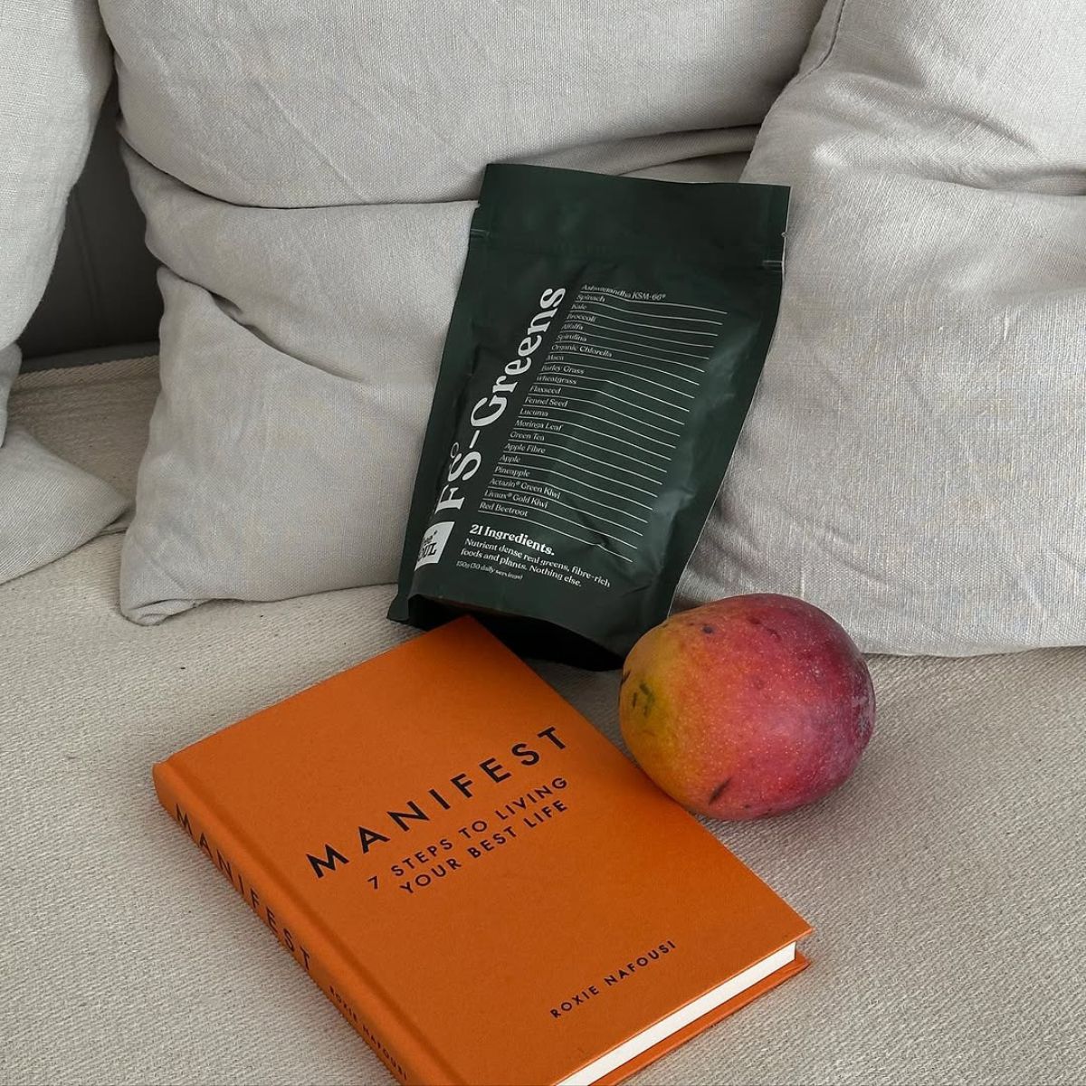 FreeSoul Greens: bag of powder, a mango and manifestation journal