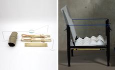 Two images: Left shaped wire, wooden peg-like shapes and cardboard cylinder arranged artistically, Right: A chair for safari with a foam seat