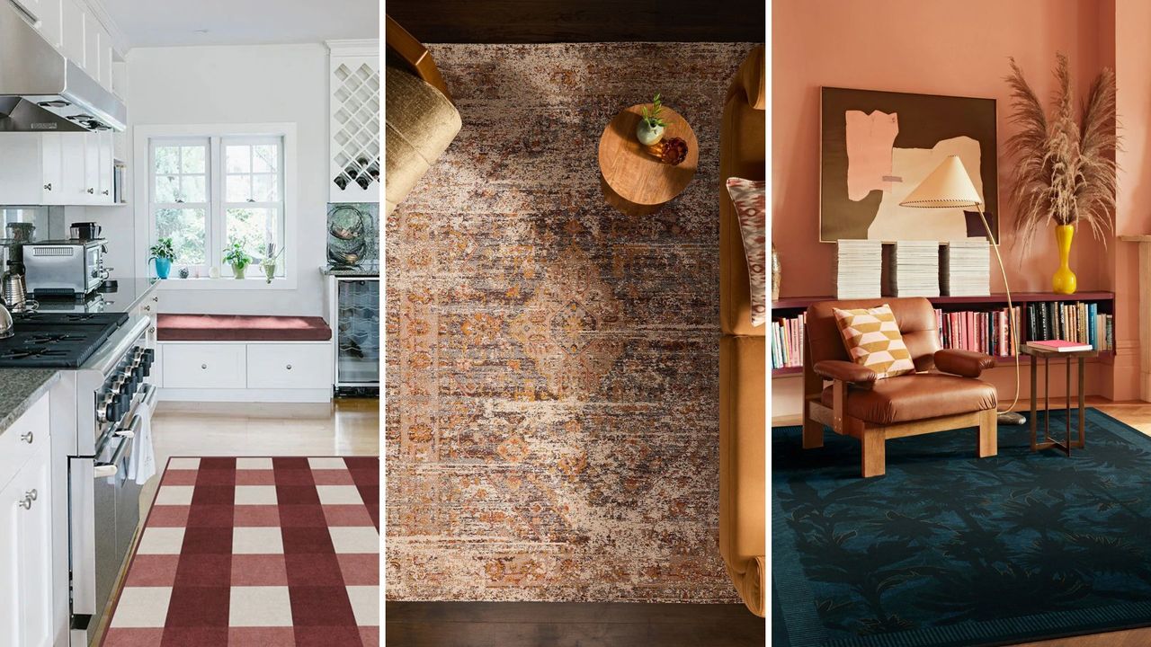 composite of three rugs in living spaces to highlight key rug trends 2025