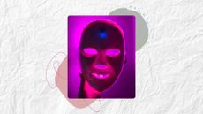 Image of a hand holding the Boots LED Face Mask with the pink light on, on a white textured background with pink and green details