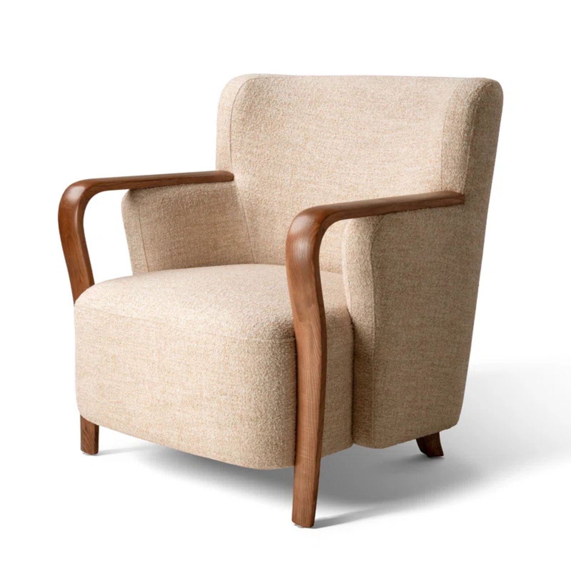 Emma Fabric Accent Chair With Walnut Wood Armrest, Warm Beige