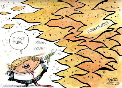 Political Cartoon U.S. Trump Coronavirus containment response fire water gun