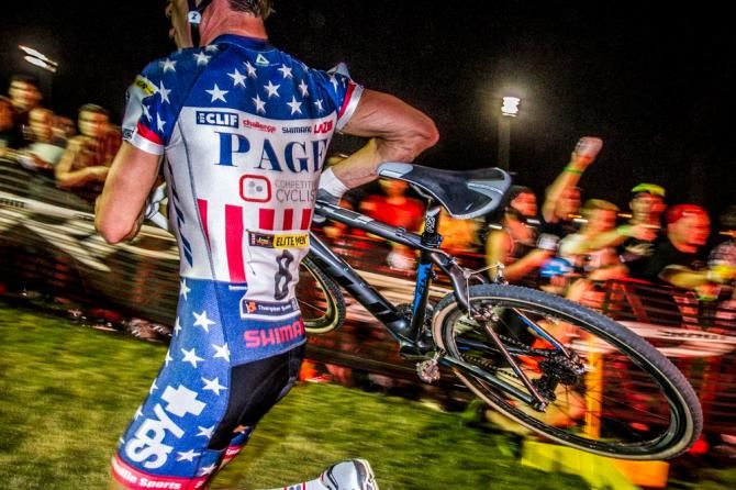 Jonathan Page gets cheered on by fans on one of the run-up sections.