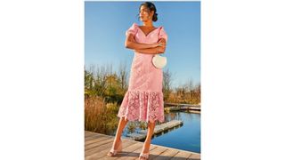 Chi Chi Clothing Short Sleeve Lace Midi Dress in Pink