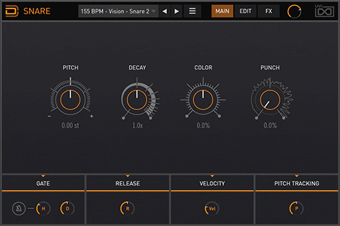 Snare also features the Body and Tone components found in the Kick Designer and then adds two discrete Noise layers, each with the same level of control.