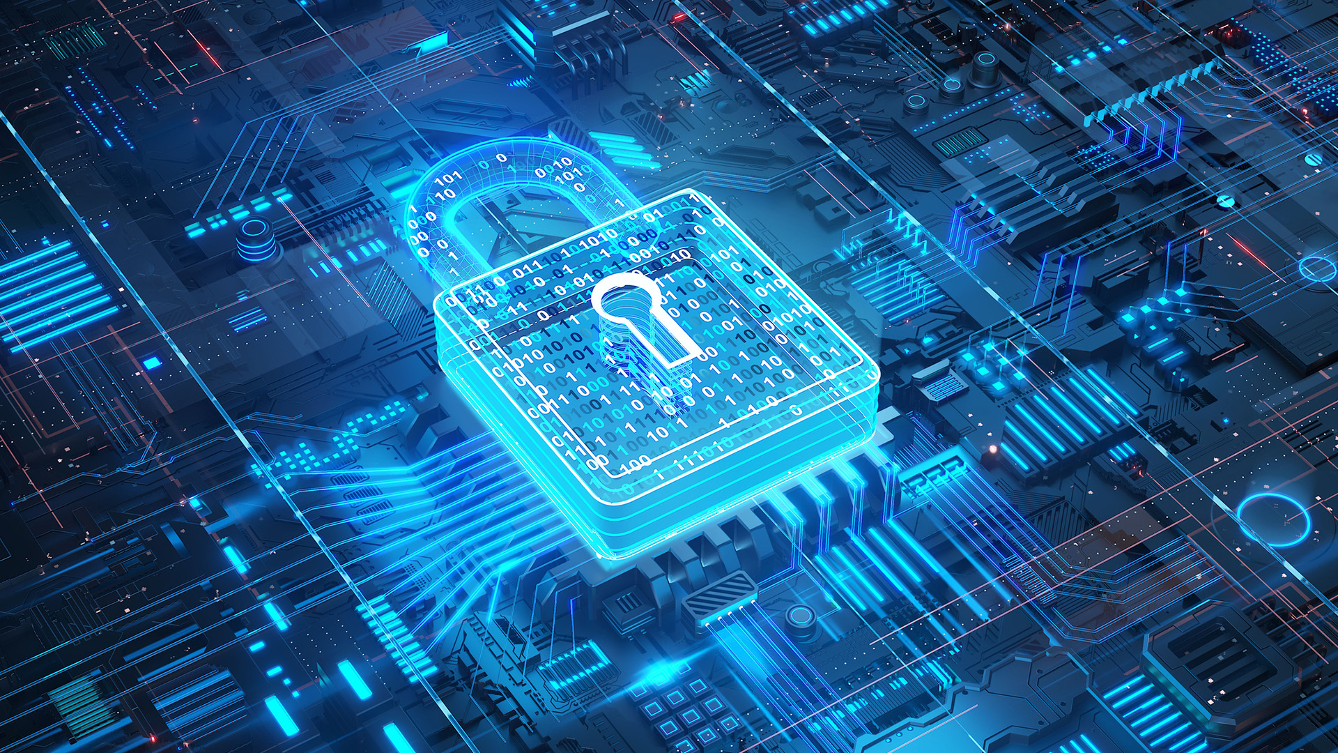 A visualization depicting the topic of cybersecurity, a blue motherboard covered by an image of a lock