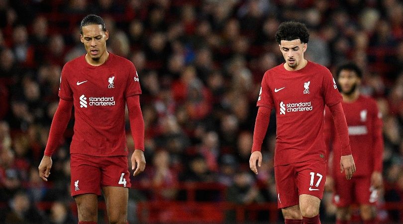 Virgil van Dijk and Curtis Jones look dejected after Liverpool&#039;s 2-1 loss to Leeds at Anfield.