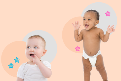 Two babies on peach background with double barrel baby names