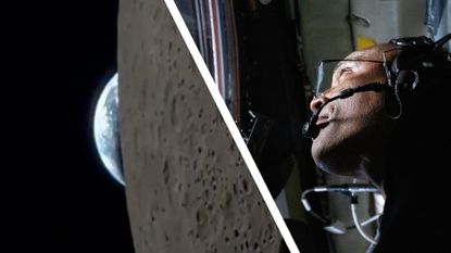 A still from a video of an 'Earthset' shot by NASA on the Artemis II mission next to a photo of an astronaut looking out of a window
