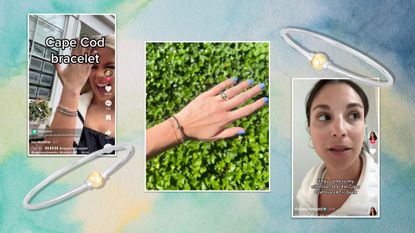 A collage of Cape Cod bracelets on TikTok and worn by fashion features editor Emma Childs