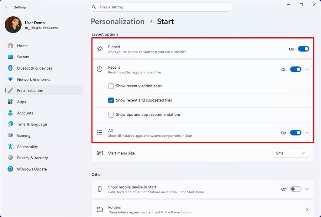 Windows 11 Settings on the Start page showing new settings.