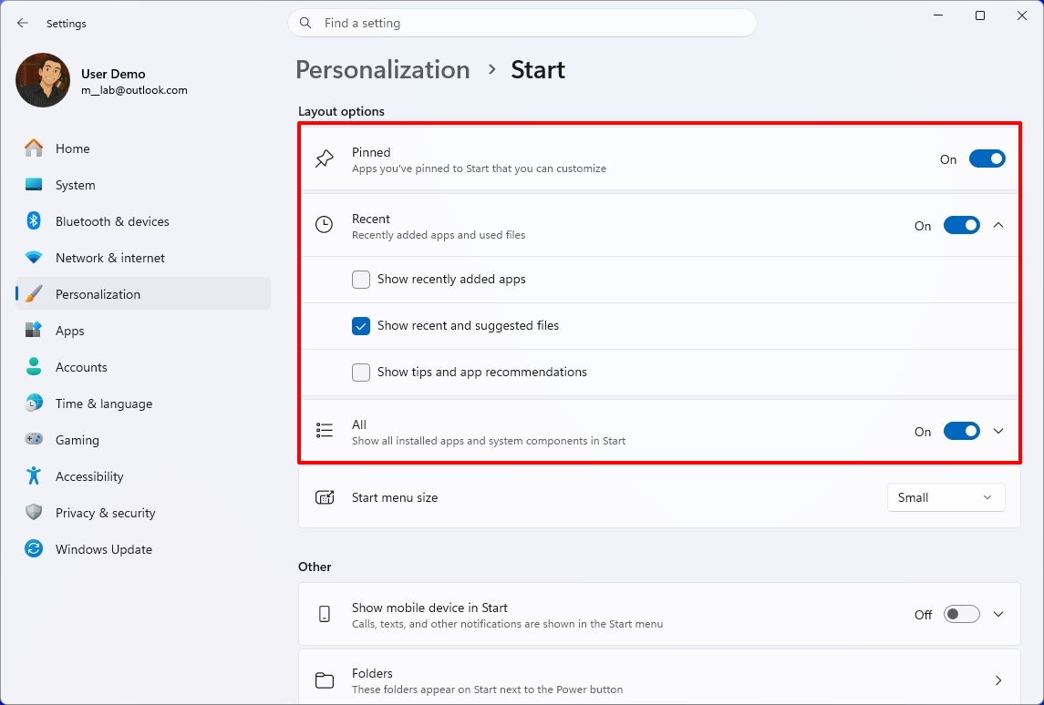 Windows 11 Settings on the Start page showing new settings.