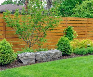 beautifully maintained garden features rockery and minimalist style cedar fencing with horizontal boards.