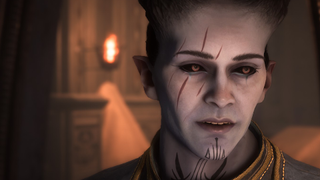 A qunari character in Dragon Age: The Veilguard, caught mid-conversation in a gloomy crypt.