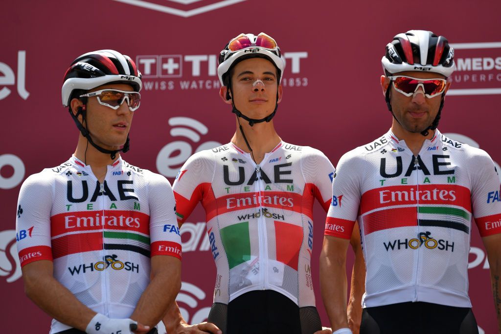 SIENA ITALY AUGUST 01 Start Valerio Conti of Italy and UAE Team Emirates Davide Formolo of Italy and UAE Team Emirates Diego Ulissi of Italy and UAE Team Emirates during the Eroica 14th Strade Bianche 2020 Men a 184km race from Siena to SienaPiazza del Campo StradeBianche on August 01 2020 in Siena Italy Photo by Tim de WaeleGetty Images