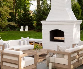 Outdoor living room decorated for spring