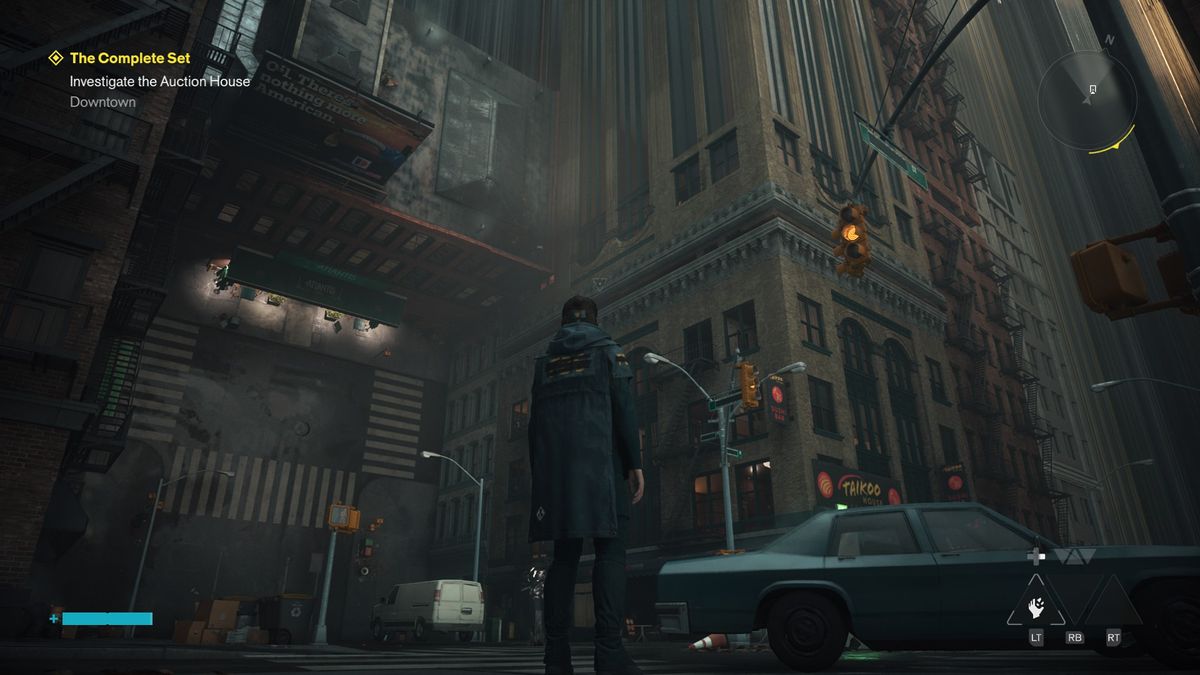 Dylan looks at a section of warped cityscape in Control Resonant.