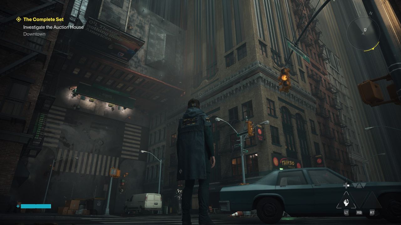 Dylan looks at a section of warped cityscape in Control Resonant.
