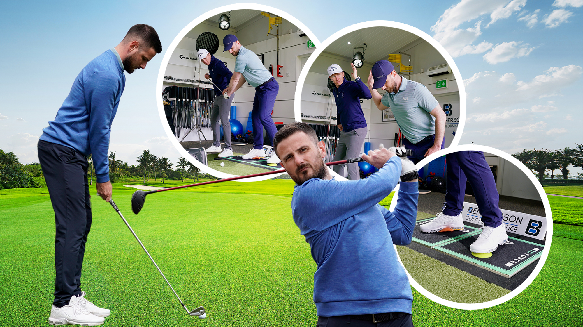 Two images of Baz Plummer in the golf swing, one at address and one in the finish position, with three inset images of Baz having a tour-level golf lesson with PGA Pro Ben Emerson in his studio