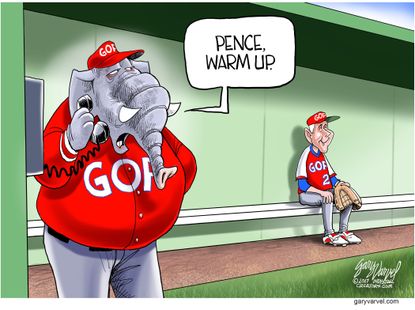 Political cartoon U.S. Trump impeachment Mike Pence warm-up