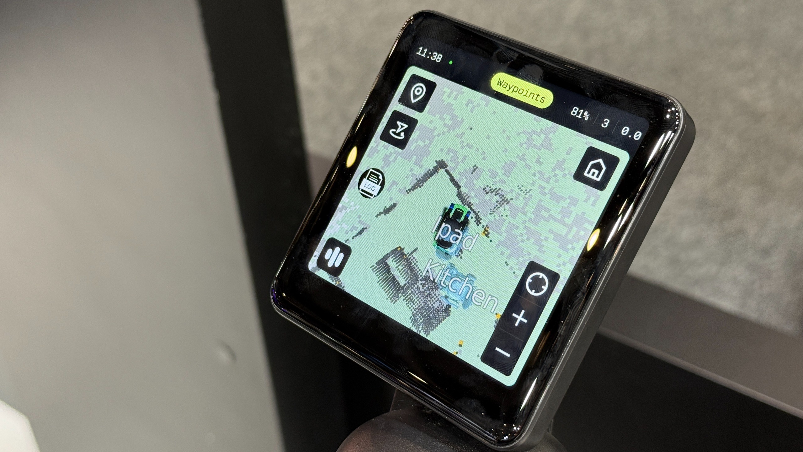 The Strutt ev1c's touchscreen, showing a LiDAR map of the structures it detects around the vehicle, as well as two waypoint options on the screen