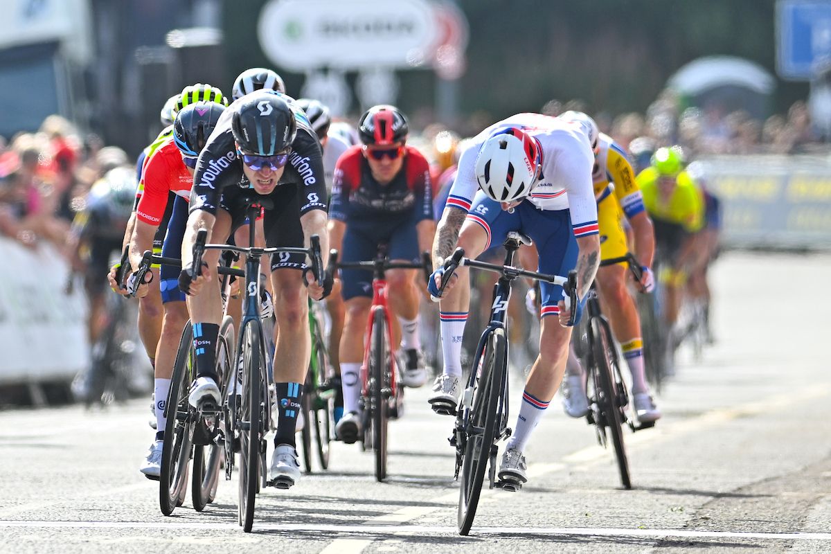 Picture by Will Palmer/SWpix.com - 05/09/2022 - Cycling - 2022 AJ Bell Tour of Britain - Stage 2: Hawick to Duns, Scotland - Cees Bol of Team DSM taking the victory with Jake Stewart of Team Great Britain taking second