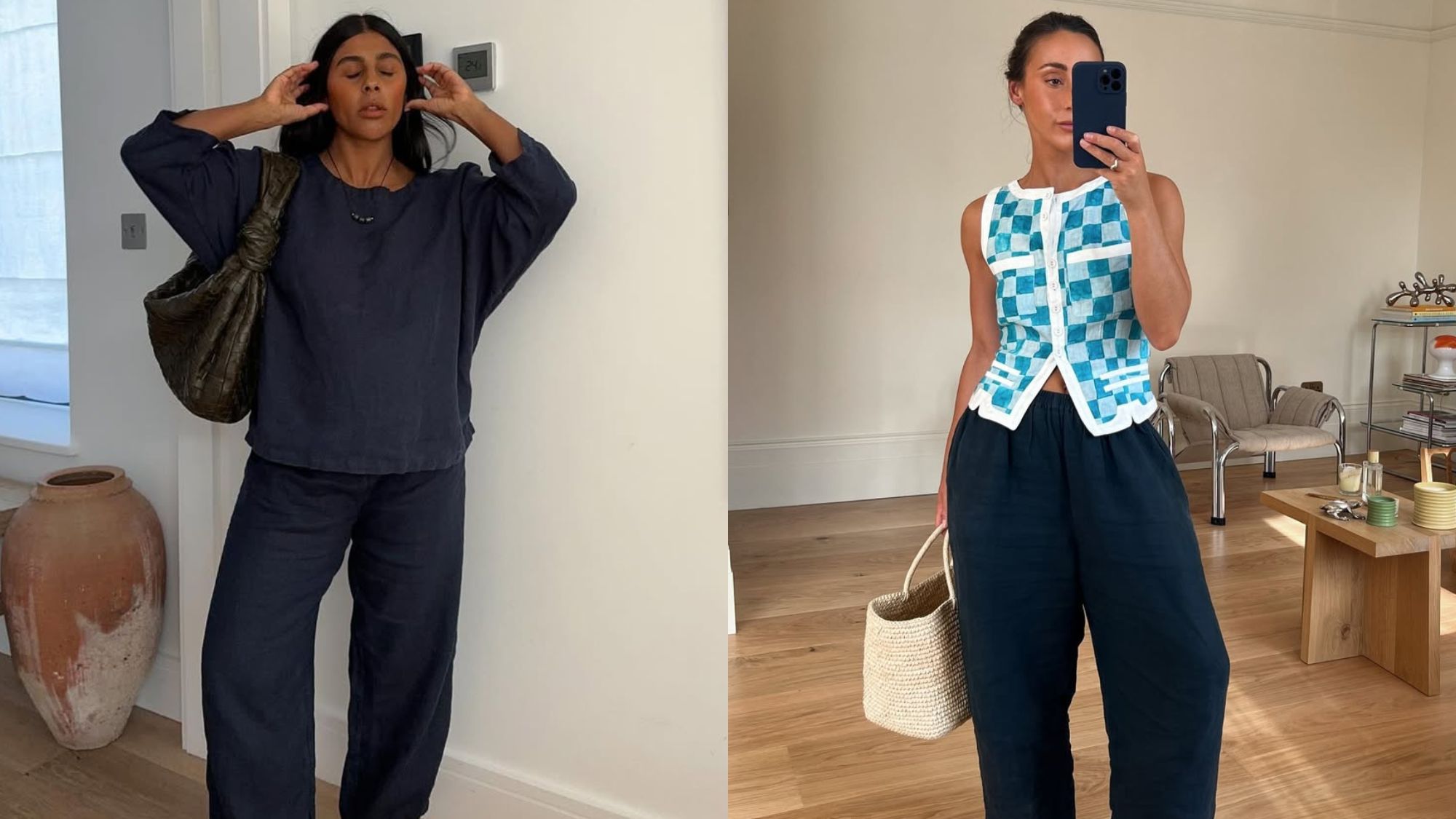 @monikh, @emswells wear navy linen trousers 